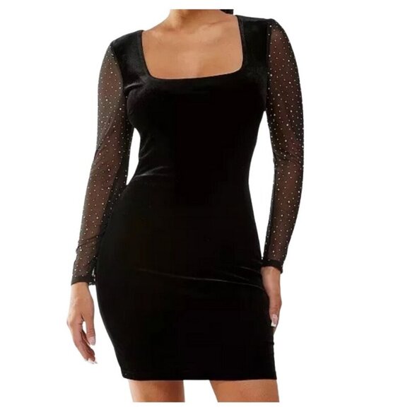 NWT CITY STUDIO Velvet Open Back Prom Dress Gown Size 1X Black Jeweled Sleeve - Picture 1 of 6